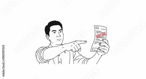 Concerned man points at a bill stamped "Past Due" with his finger
