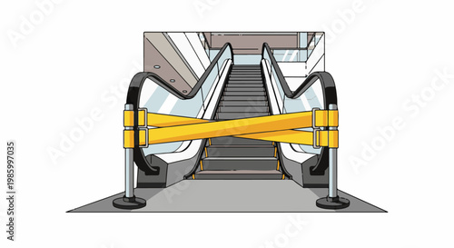 Closed escalator with yellow barrier tape, symbolizing interruption or closure