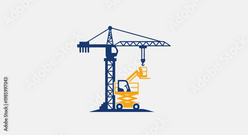 Construction site with a tower crane and a scissor lift working together