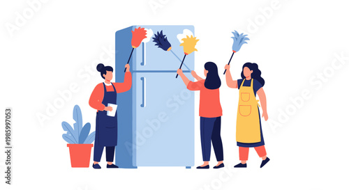 Group of Diverse Women Cleaning Refrigerator Doors with Dusters