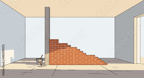 Construction site interior with partially built brick wall, tools, and shadows