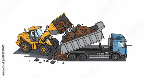 Construction vehicles unload soil and rocks into a truck