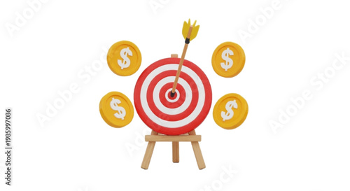 Vector illustration of 3d render of a target with an arrow in the center and gold dollar coins on a transparent background