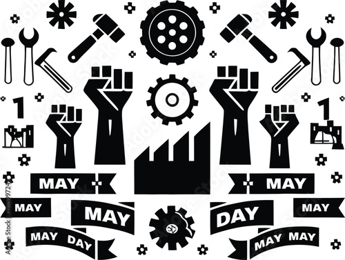 May Day labor movement graphics with tools and fists  labor rights and protest symbols