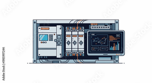 Control panel with digital display, circuit breakers, and wiring