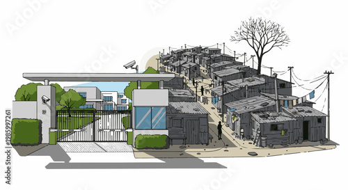 Contrasting residential areas secure modern homes versus a dense, informal settlement