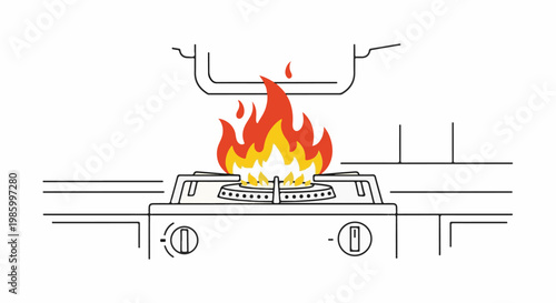 Cooking flames erupt from a stovetop, with a pot overhead