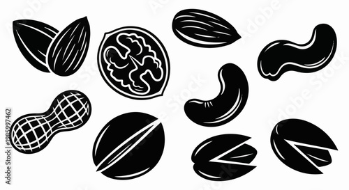 Collection of diverse nuts and seeds illustrated in a bold black and white graphic style