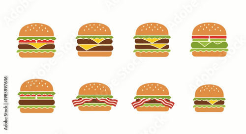 Collection of eight stylized, flat-design burgers with various toppings