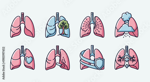 Collection of eight stylized lung illustrations depicting health and environmental factors