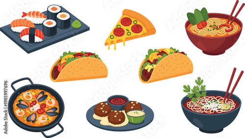 International and World Cuisine Icon Set with Sushi, Pizza, Ramen, Taco, Paella, Burger Patty, and Asian Noodle Bowl Elements for Restaurant, Menu, and Food Designs