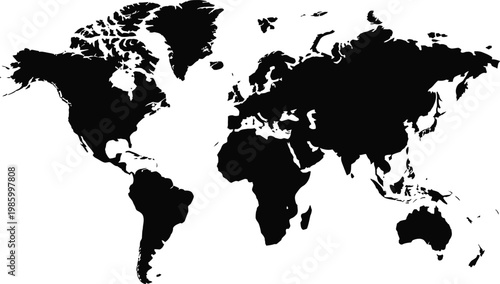 Black silhouette of world map on white background for global concepts and geography related designs
