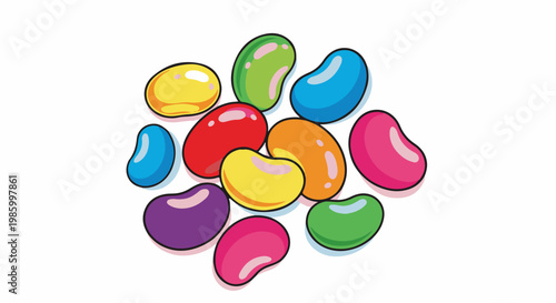 Colorful, glossy bean-shaped candies scattered on a white background