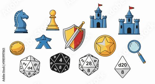 Collection of game tokens, including dice, pawns, coins, castles, and a sword