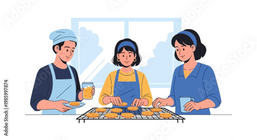 Family Baking Cookies in Modern Kitchen