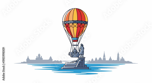 Colorful hot air balloon above a city skyline and a monument