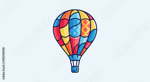 Colorful hot air balloon floats against a pale blue sky