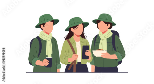 Travelers Using Mobile Devices and Tablets with Backpack Gear