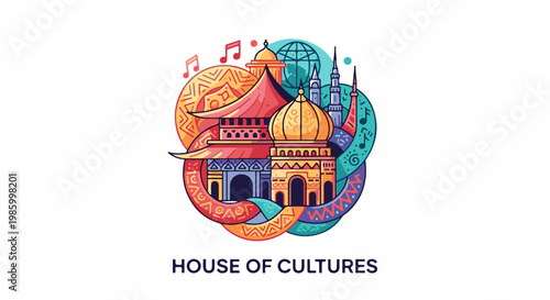 Colorful illustration of diverse architecture with cultural symbols and music notes