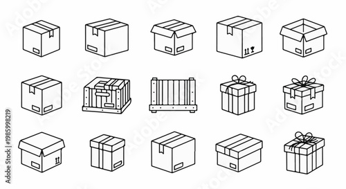 Collection of isometric line art illustrations of various boxes and crates for shipping
