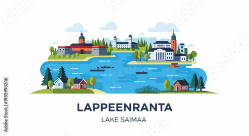 Colorful illustration of a waterfront town with buildings, houses, trees, boats, and a lake
