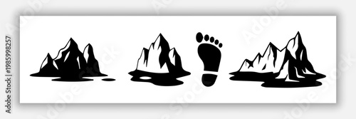 Mountain Hiking Adventure Icon Set with Footprint Trail and Wilderness Landscape.