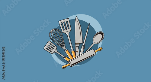 Collection of kitchen utensils, including a whisk, spatulas, knife, and rolling pin