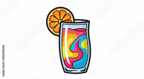 Colorful layered drink in a glass with an orange slice garnish