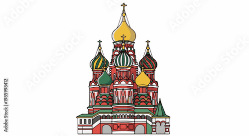 Colorful onion-domed cathedral with cross on top, isolated on white