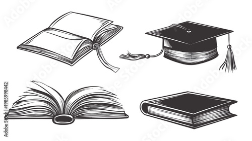 A collection of educational elements, featuring open books, a closed book, and a graduation cap