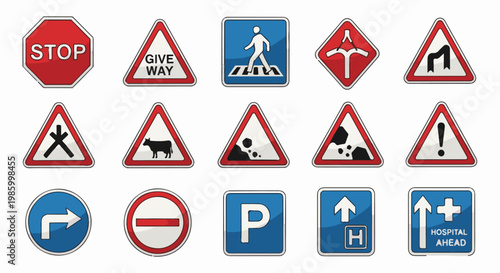 Collection of road and traffic signs including stop, give way, pedestrian crossing, and more