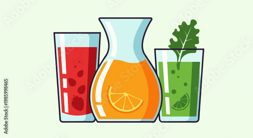 Colorful pitcher and two glasses of refreshing fruit and vegetable juices
