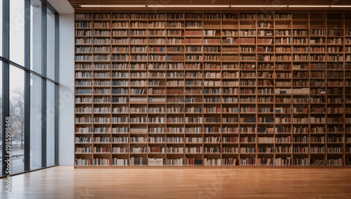 Large modern library interior with endless bookshelves, soft natural light from tall windows, minimalistic design, clean composition, no people, copy space, ultra realistic, high detail, 8k, professio