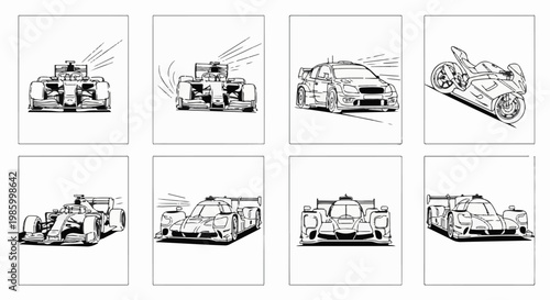 Collection of black and white sketches of racing vehicles, including cars and a motorcycle