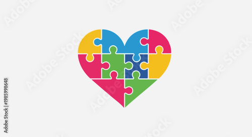 Colorful puzzle heart with diverse pieces symbolizing unity and completeness