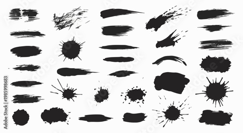 Collection of black ink brush strokes and splatters