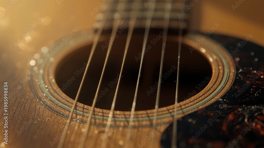 Obraz premium Acoustic Guitar Sound Hole Close Up Warm Wood Music Detail