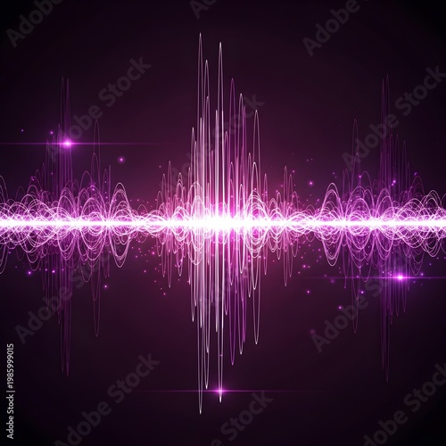 Abstract Digital Sound Wave Visualization with Neon Purple Glow, Audio Frequency Spectrum Background, Futuristic Music Technology Concept, Dynamic Waveform Energy Lines for Sound Design and Signal Pro