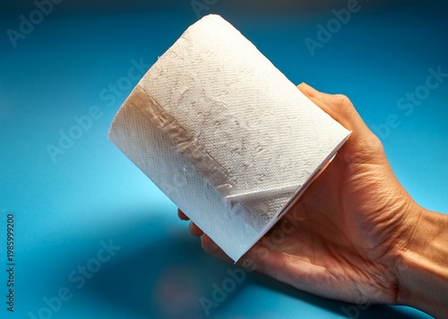 hand holding roll of toilet paper closeup