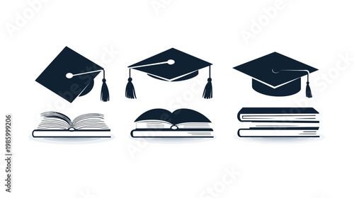 Black graphic depicting graduation caps and books, symbolizing knowledge and education