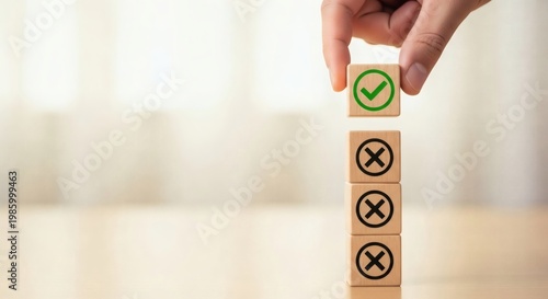 Business decision making concept. vertical success progression with correct choice using wooden blocks hand placing green checkmark cube on top clear goal achievement strategy.