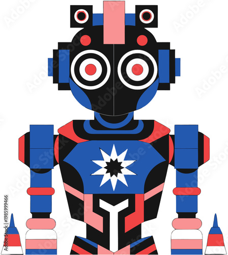 A futuristic robot with artificial intelligence and glowing circuits is standing alone in a digital environment.