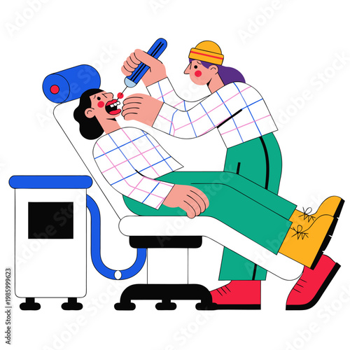 Dentist examines patient's teeth with tool in clinic chair