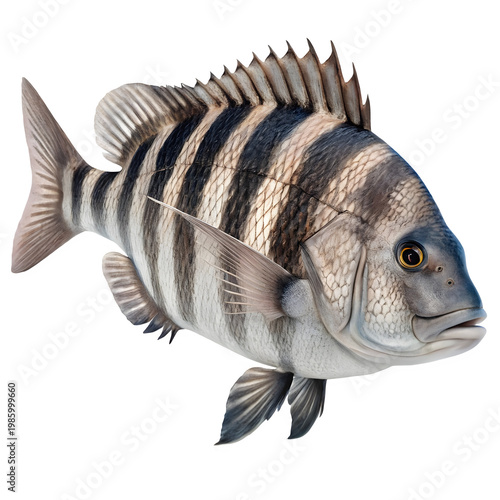A large striped fish on transparent background with black stripes and fins