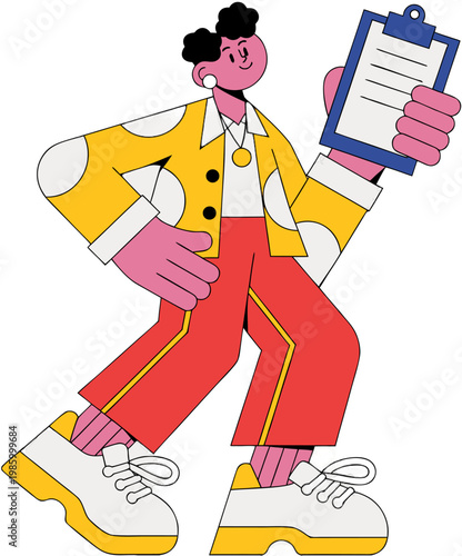 A cartoon man in colorful clothing holds a clipboard while walking alone.