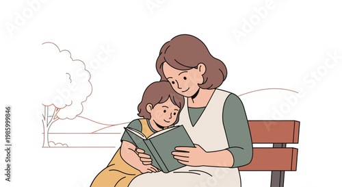 Mother and daughter enjoying reading a book together outdoors on a bench in a park, a peaceful moment of learning and bonding