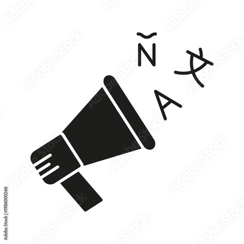 Megaphone With Spanish Letters Solid Icon. Language Promotion And Communication Silhouette Symbol. Spanish Language Advocacy And Cultural Outreach. Isolated Vector Illustration