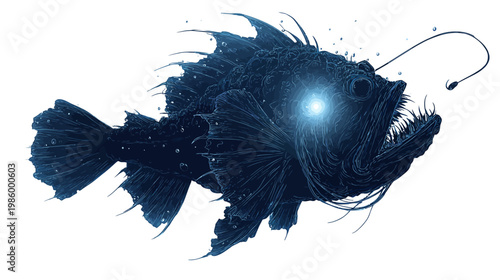 Silhouette of an Anglerfish with Glowing Lure Side View in Deep Sea Illustration