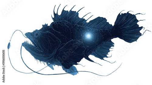 Silhouette of an Anglerfish with Glowing Lure Side View in Deep Sea Illustration