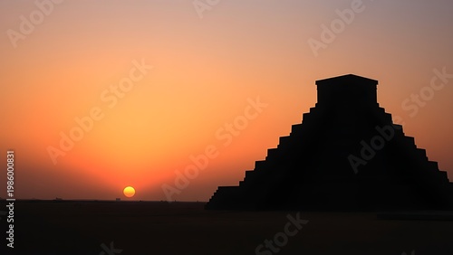 ziggurat. Silhouette of a stepped pyramid on a plain at twilight. real-estate listings, architecture portfolios, designed for interior renovation comparisons for interiors, used by copywriters.